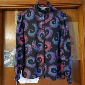 Vtg 1980s Spiral Print Secretary Blouse size 10 ruffled collar cuffs long sleeve